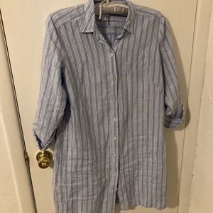 J Jill LOVE LINEN: 100% linen button down shirtdress, blue & white stripe.